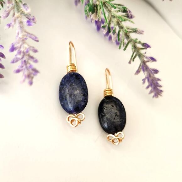 Blue Sodalite Stone Gold Wire Dangle Earrings / Minimalist Boho Style Earrings - Picture 1 of 11